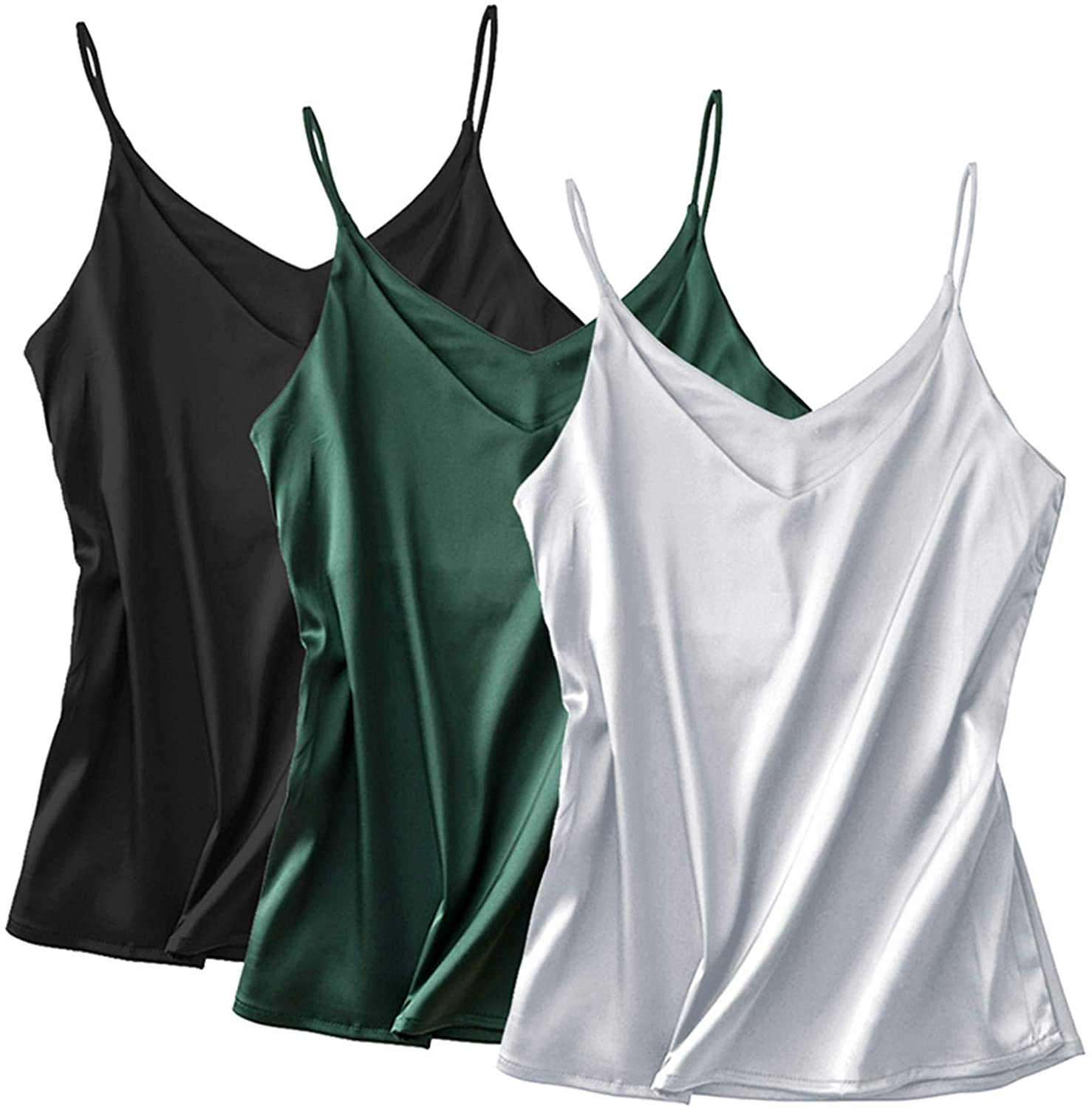 (4 Pack)Red Basic Women's Silk Tank Top Ladies V-Neck Silky Loose  Sleeveless Blouse Satin Tank Shirt