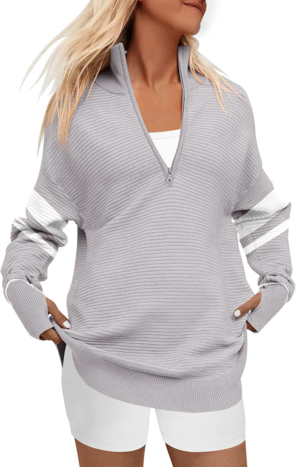 ANRABESS Women's Oversized Sweater Quarter Zip V Neck Collared