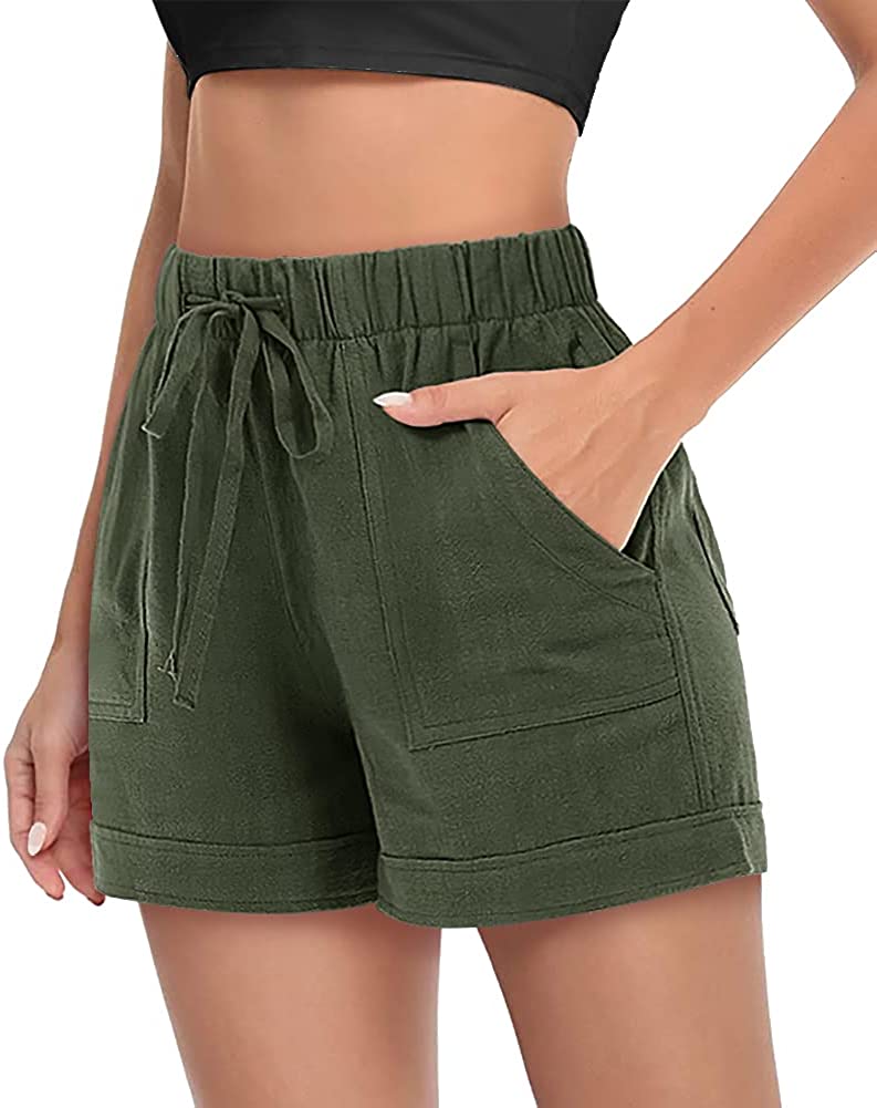 FASKUNOIE Women's Comfy Casual Drawstring Shorts Cotton Linen Elastic Ruflle Hem Summer Shorts with Pockets 