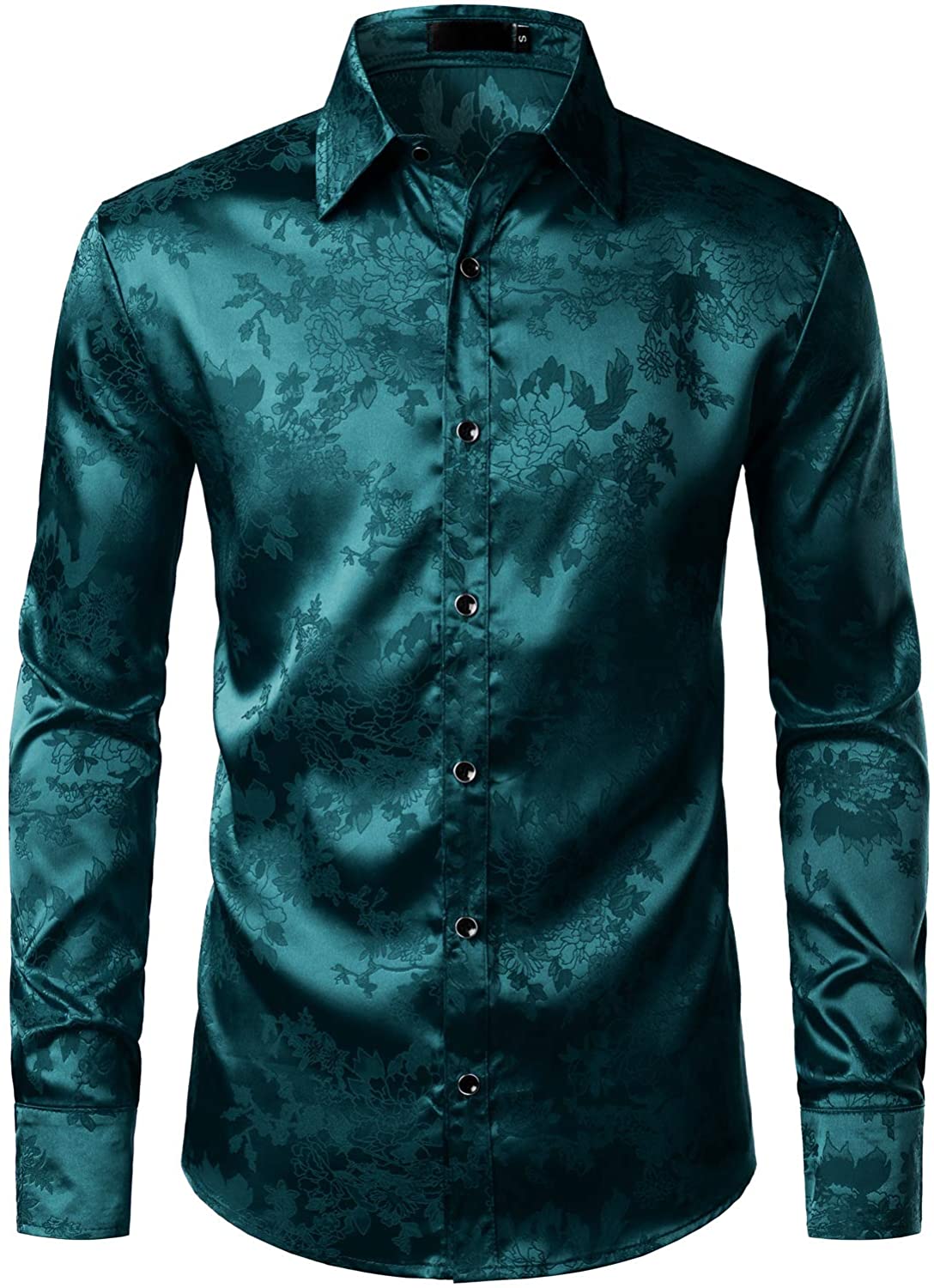 ZEROYAA Men's Shiny Satin Rose Floral Jacquard Long Sleeve Button Up Dress  Shirt