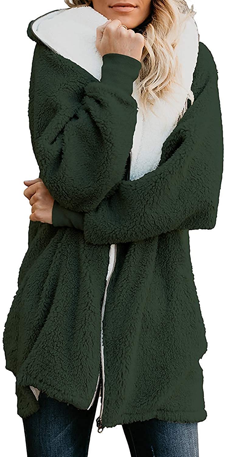 ReachMe Womens Warm Fuzzy Zip Up Hoodie Oversized Sherpa Jacket with Pockets Faux Fur Fleece Winter Coats 