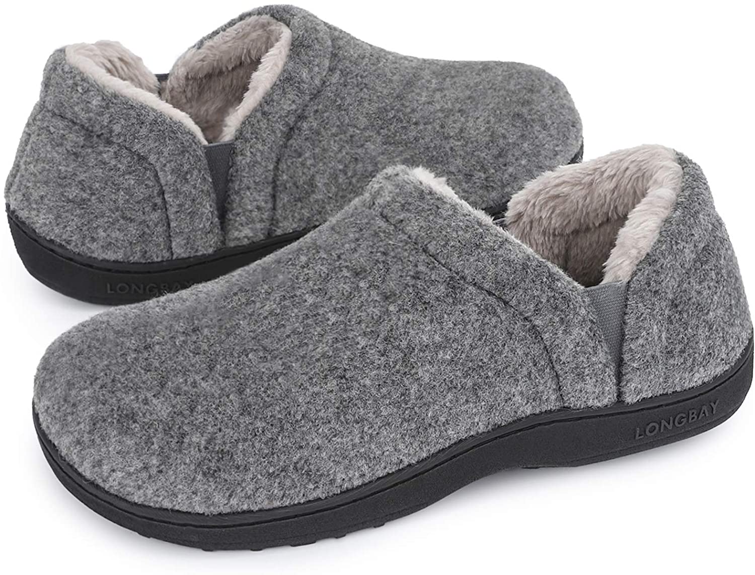 LongBay Mens Cozy Memory Foam Slippers Anti-Slip Faux Fur Comfy House Shoes with Adjustable Elastic Gores 