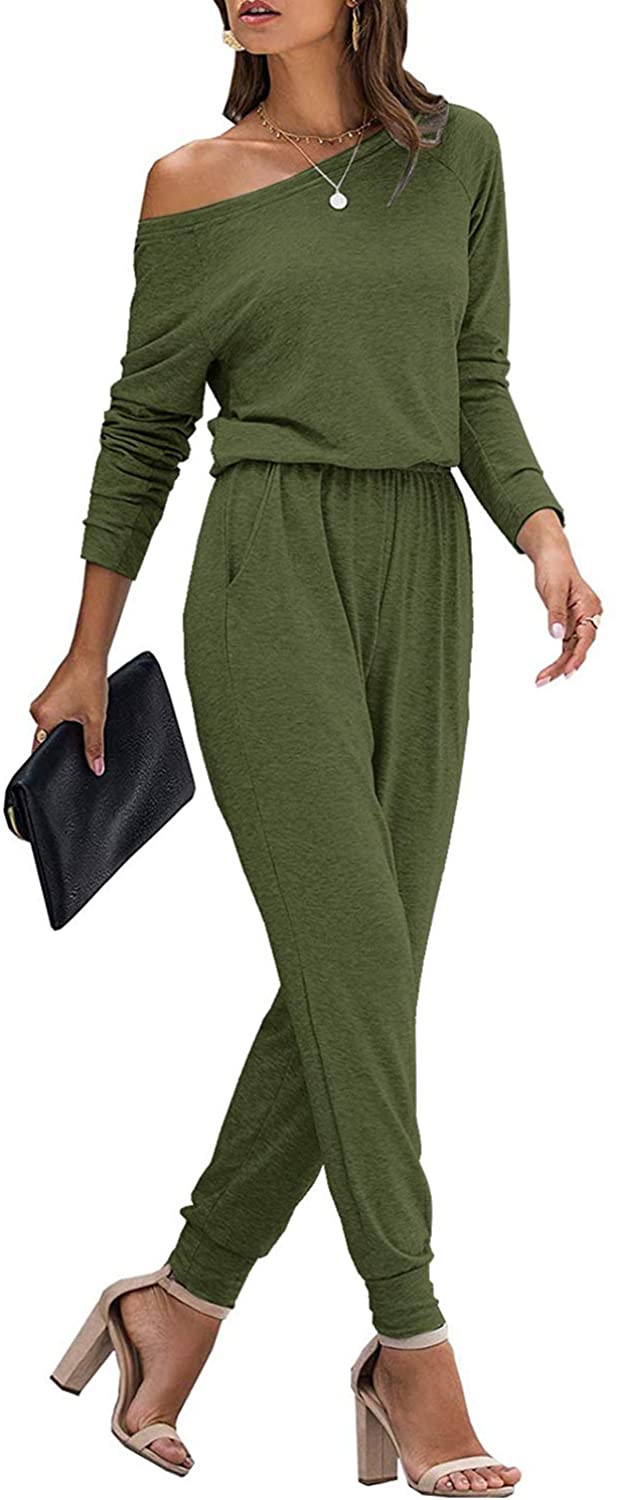 Long Sleeve Jumpsuit for Women Off Shoulder Romper with Pockets Casual Elastic Waist 