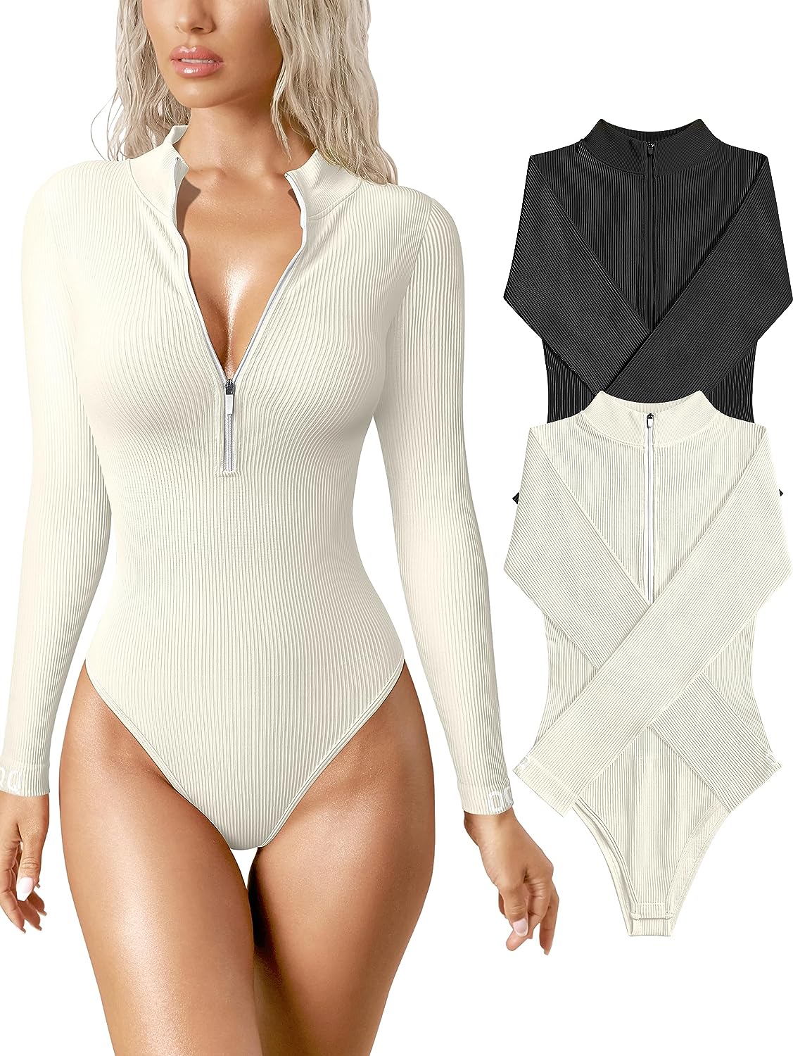  OQQ Women's 2 Piece Bodysuits Sexy Ribbed Long Sleeve Square  Neck One Piece Bodysuits Balck Beige : Clothing, Shoes & Jewelry