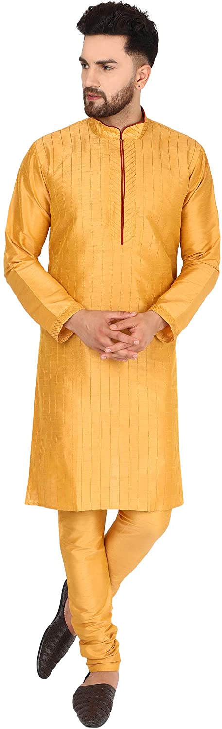 SKAVIJ Men's Kurta Pajama Set Art Silk Indian Wedding Party Traditional Wear Dress Suit