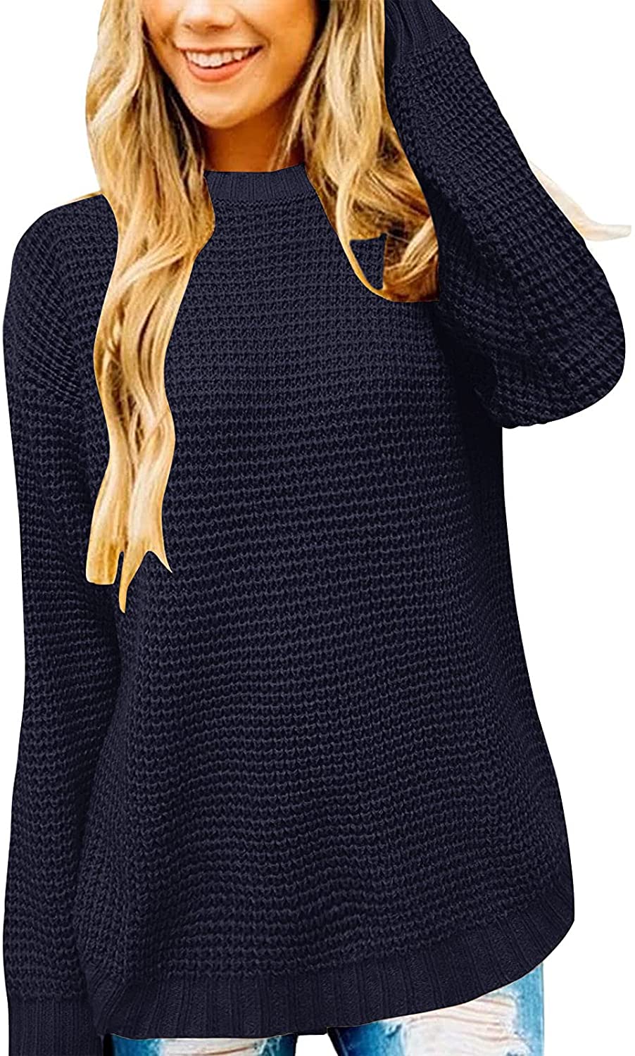 MEROKEETY Women's Long Sleeve Waffle Knit Sweater Crew Neck Solid