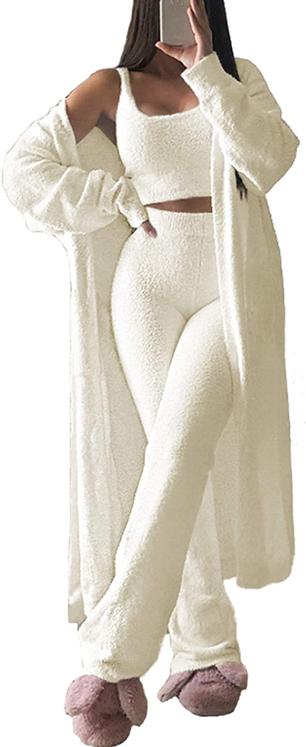 Fixmatti Women's Fuzzy 3 Piece Sweatsuit Open Front Cardigan Crop Tank Tops Wide Legs Pants Lounge Sets 