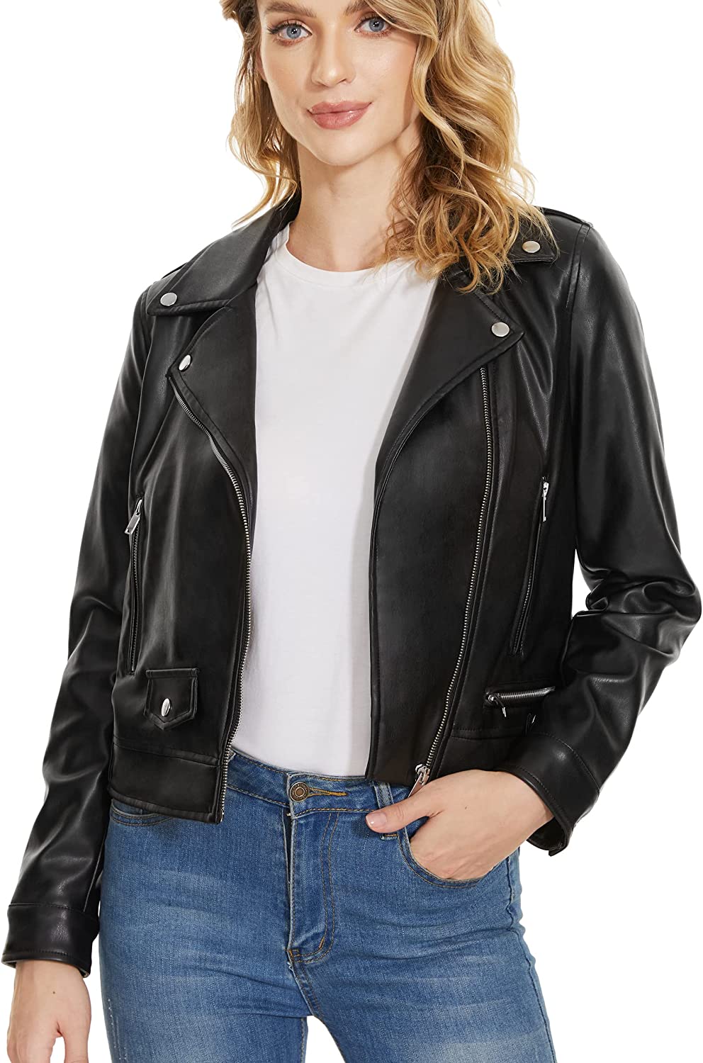 Fahsyee Women's Leather Jackets, Faux Motorcycle Plus Size Moto Biker ...
