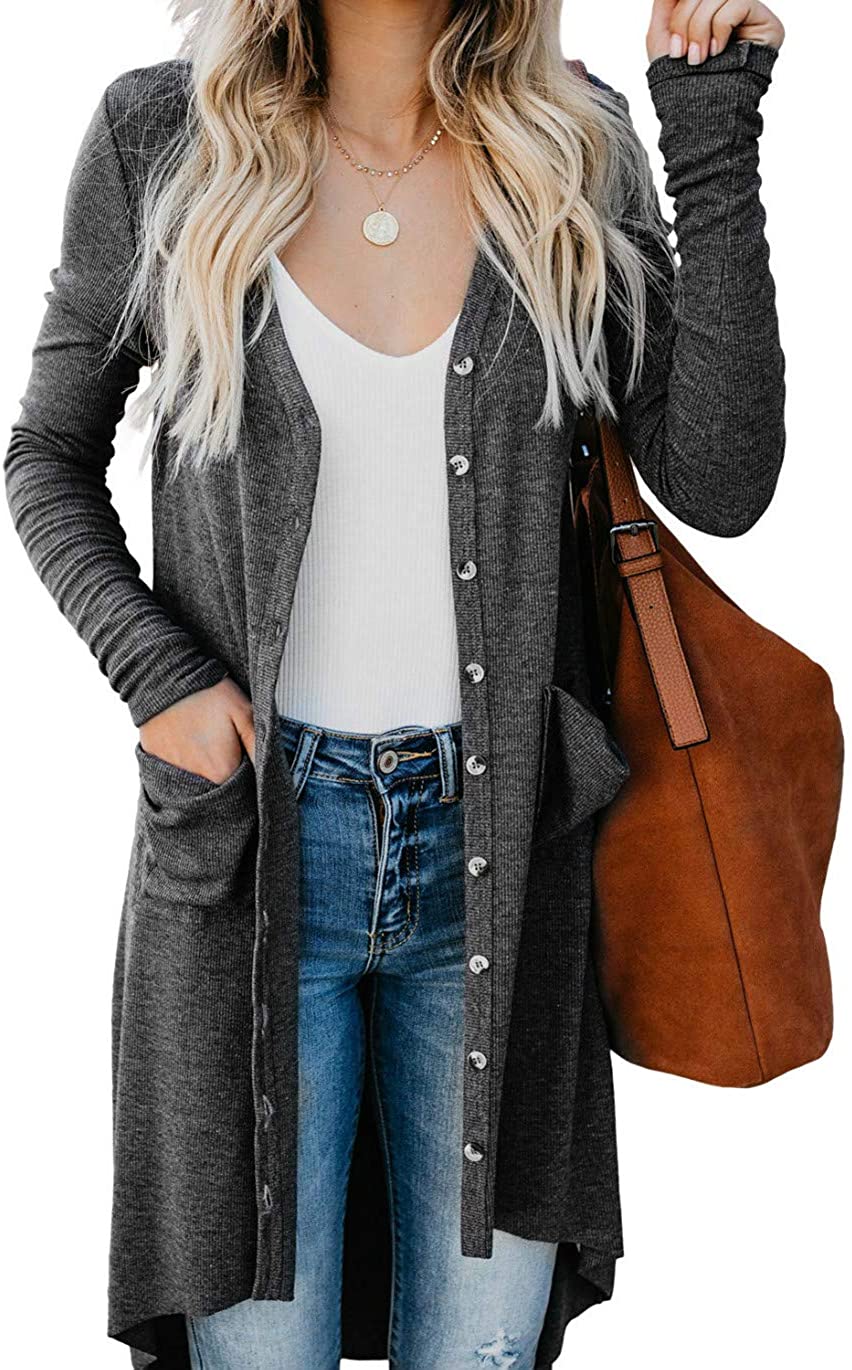 HUUSA Women Button Down Long Sleeve Solid Cardigan Sweaters Knit Ribbed Outwear 