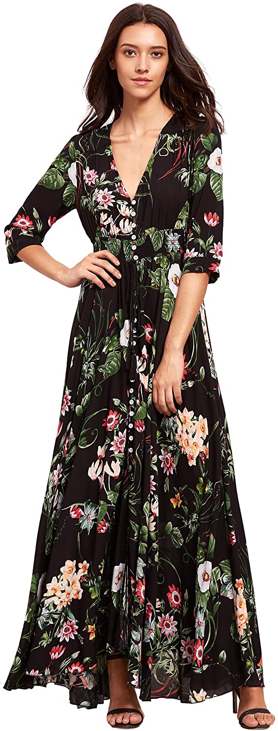 Milumia Women's Button Up Split Floral Print Flowy Party Maxi Dress Green |  eBay