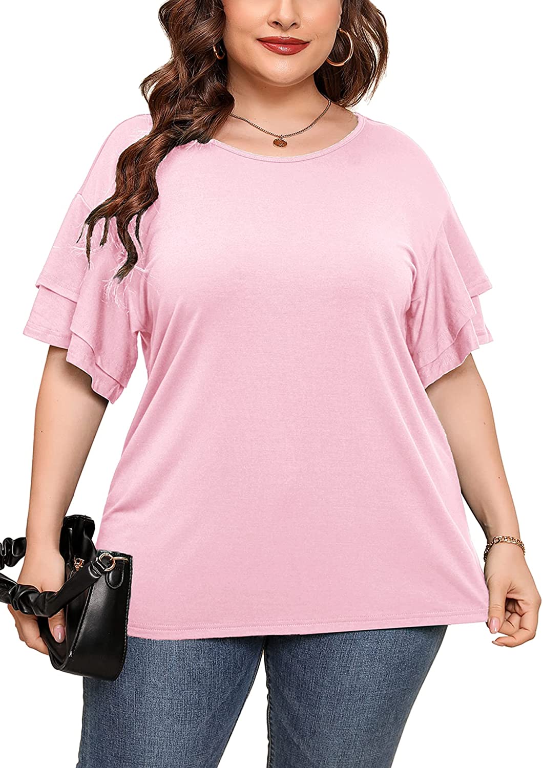 AusLook Plus Size Tunic for Women Double Ruffle Short Sleeve Clothes Loose  Fit Clothing Flowy Shirts Summer Tops