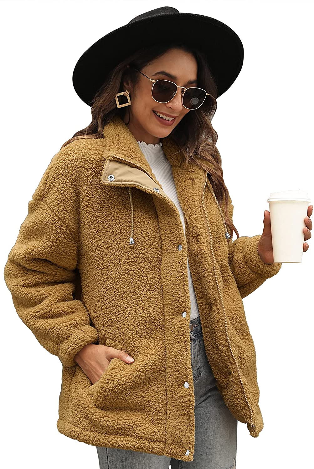 Women's Fuzzy Sherpa Jacket Casual Winter Warm Fluffy Shearling Fleece Coat with Pockets 