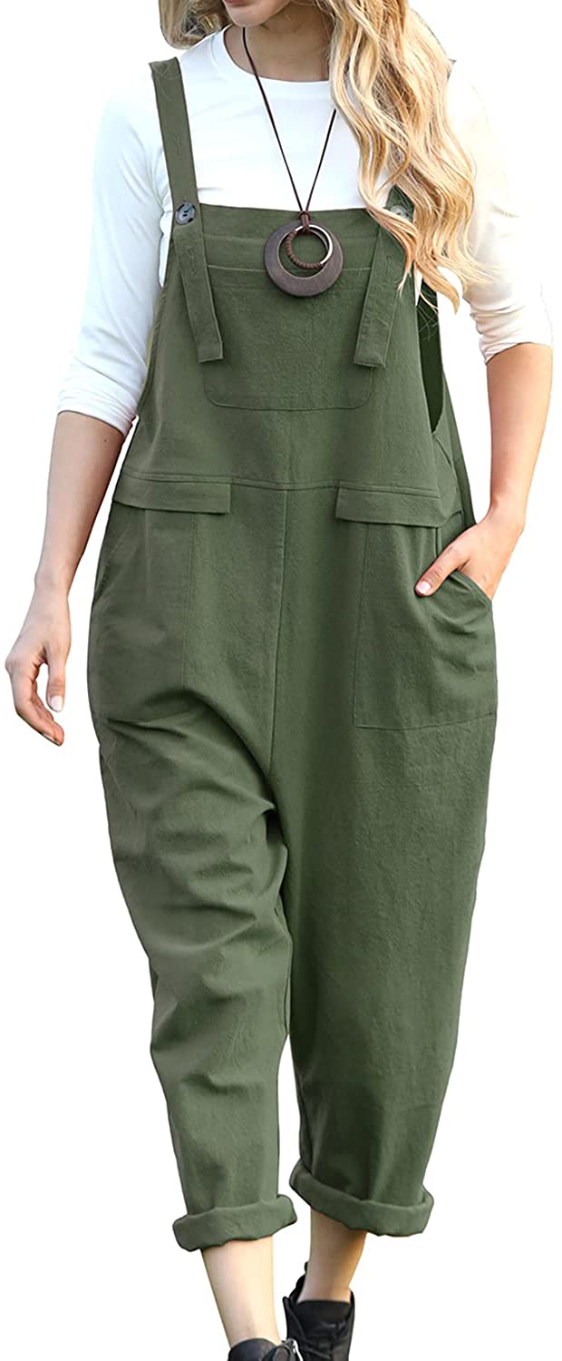 YESNO Women Long Casual Loose Bib Pants Overalls Baggy Rompers Jumpsuits  with Po
