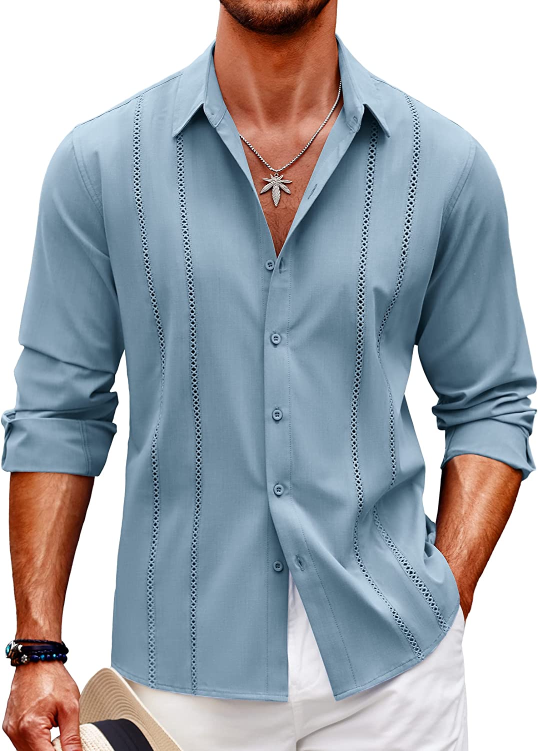 COOFANDY Mens Button Down Long Sleeve Shirt Cuban Collar Shirt