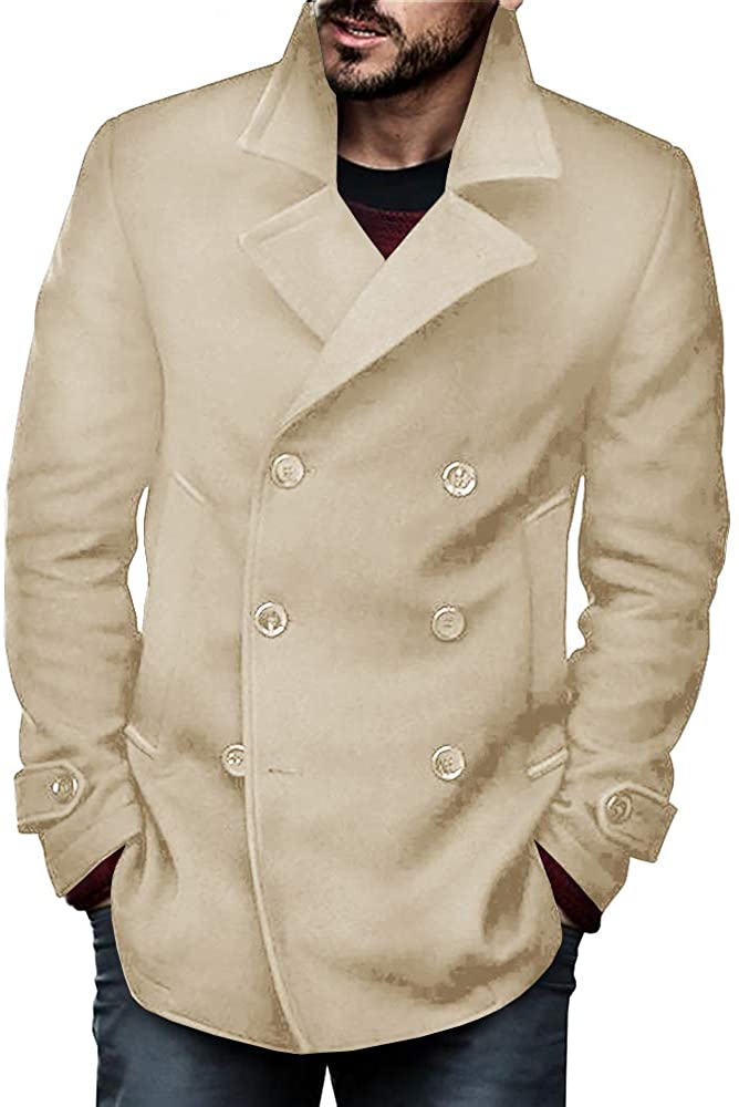 Bbalizko Mens Classic Pea Coat Notched Collar Slim Fit Double 