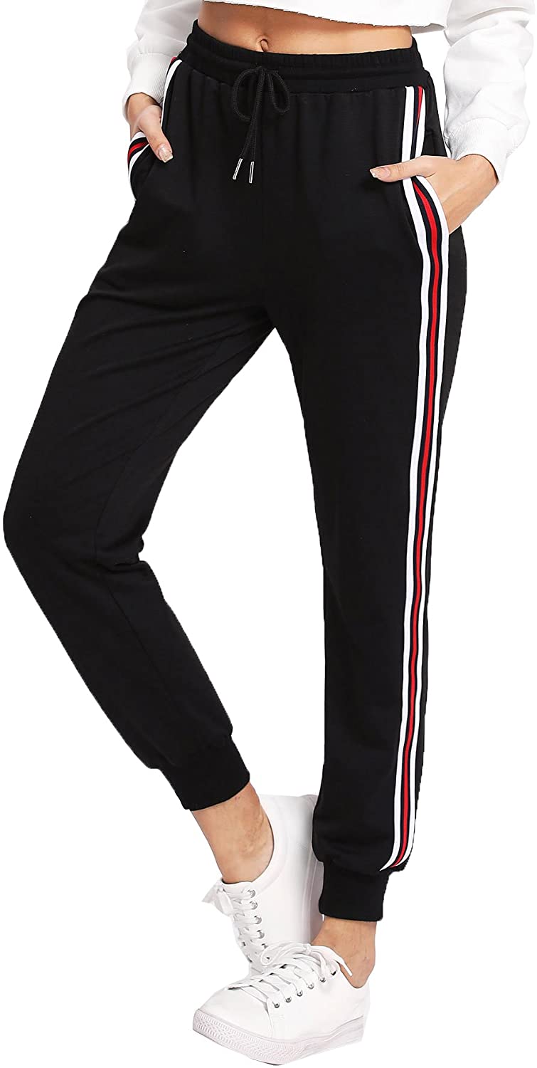Joysale Womens Running Yoga Jogger Pants with White Stripe Side High Waist Sweatpants 