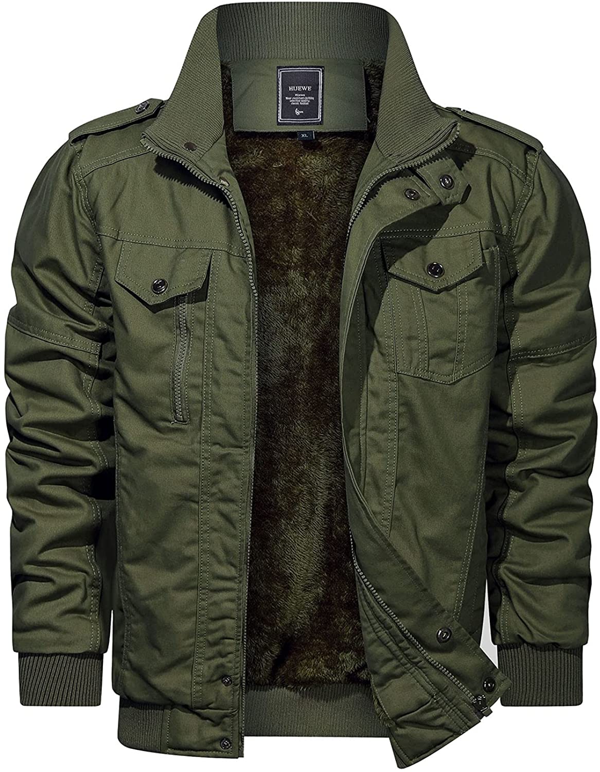CRYSULLY Men's Winter Casual Thicken Multi-Pocket Field Jacket Outwear Fleece Cargo Jackets Coat 