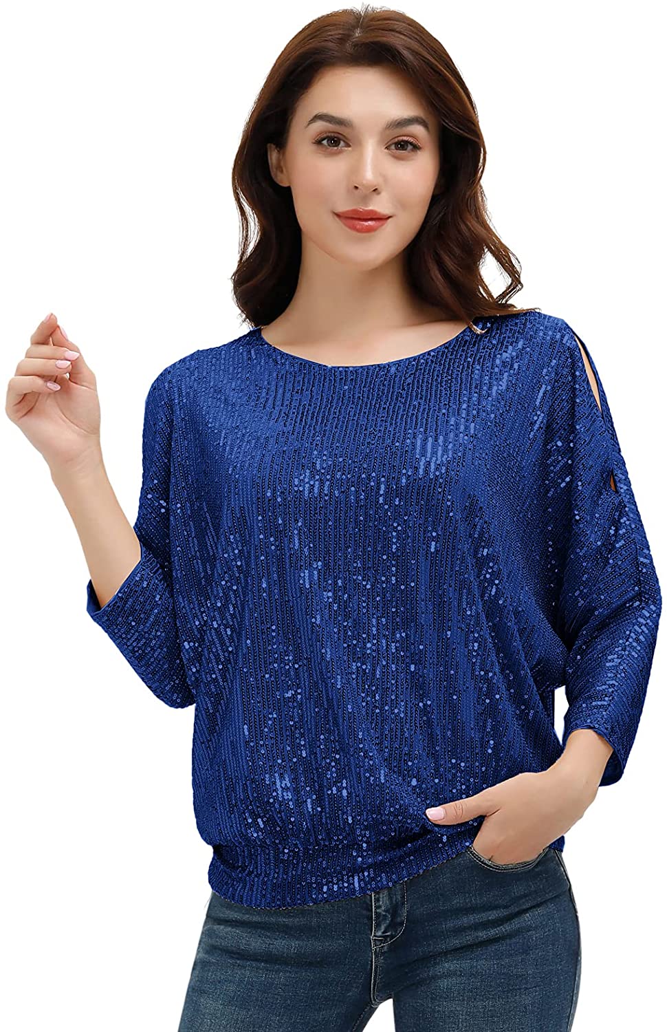 JASAMBAC Women's Sparkle Sequin Tops Shimmer Glitter Loose Cold Shoulder  Party T