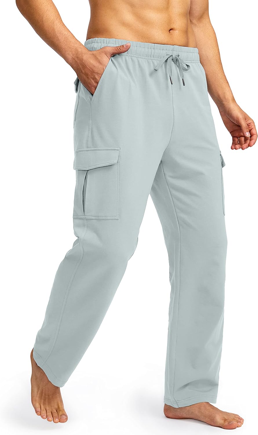 Pudolla Men's Cotton Sweatpants with Cargo Pockets Open Bottom
