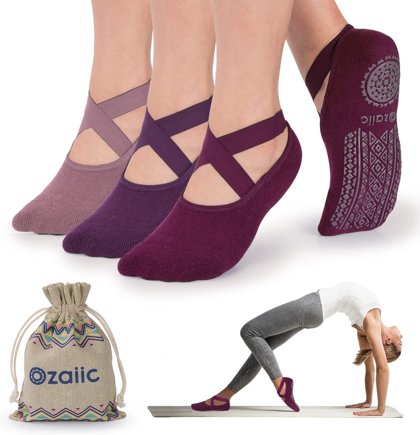 Ozaiic Yoga Socks for Women Non-Slip Grips & Straps, Ideal for