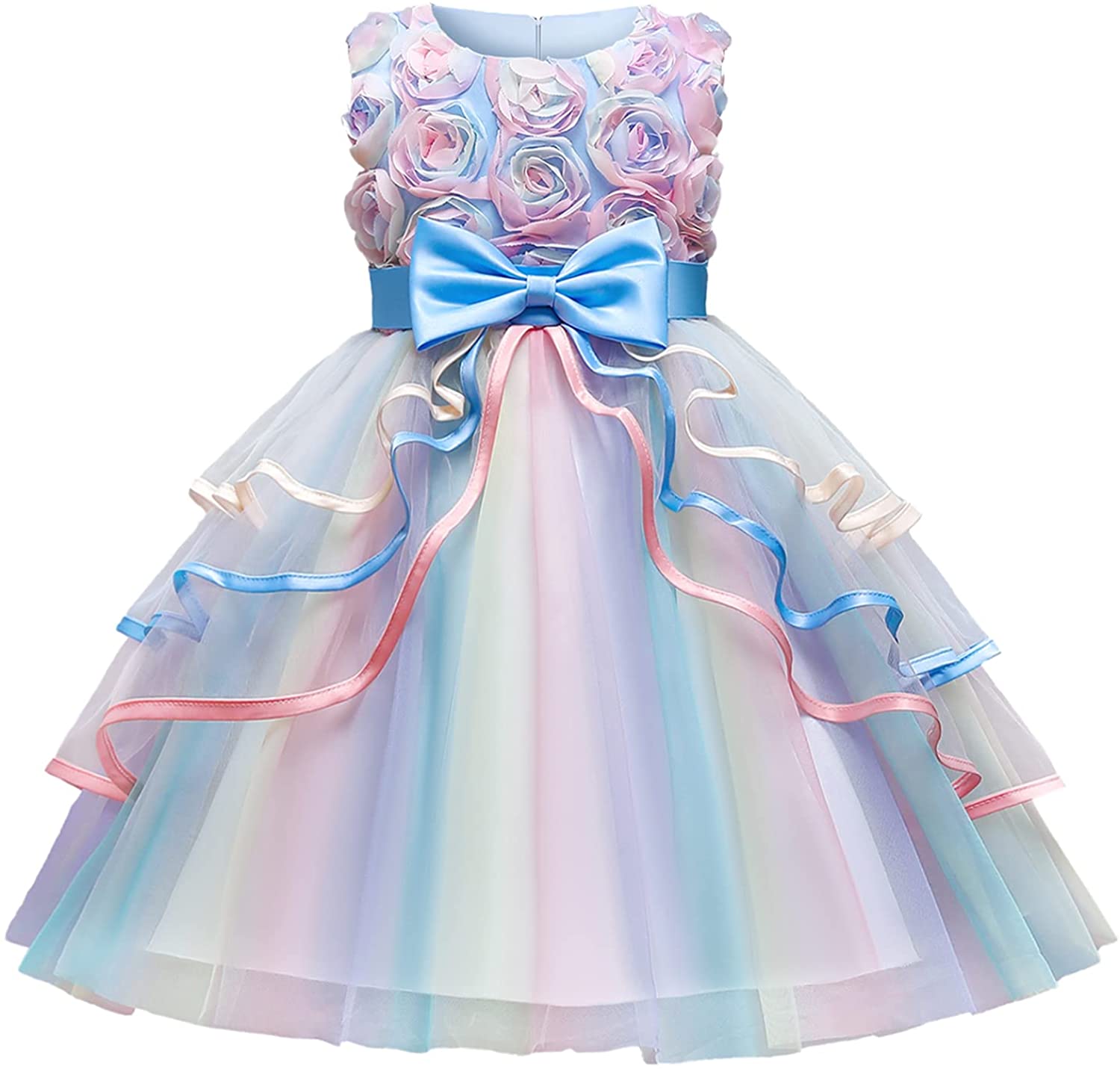 NNJXD Girl Dress Kids Ruffles Lace Party Wedding Gown Rainbow Tulle