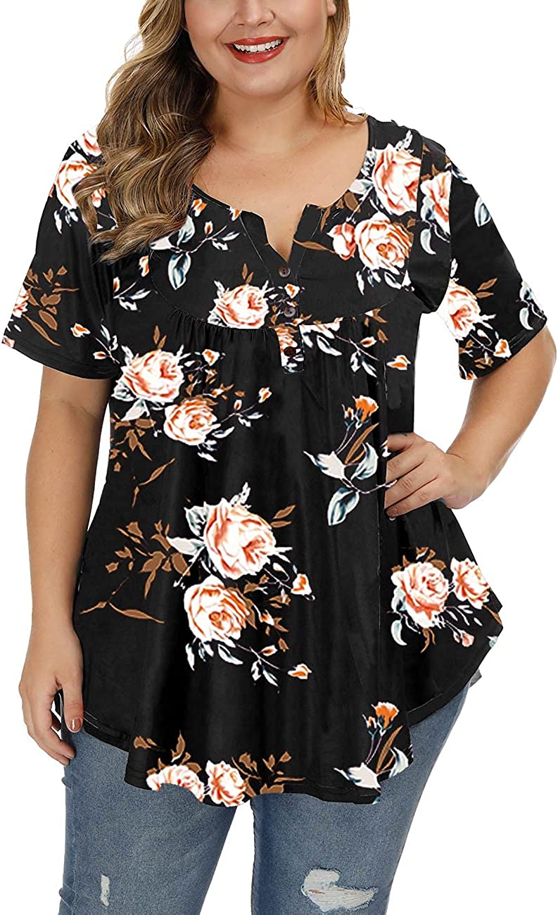 ALLEGRACE Women Plus Size Tops Summer Short Sleeve Loose Fit Dressy Floral  T Shirts P162 Branch Flowers Black 1X at  Women's Clothing store