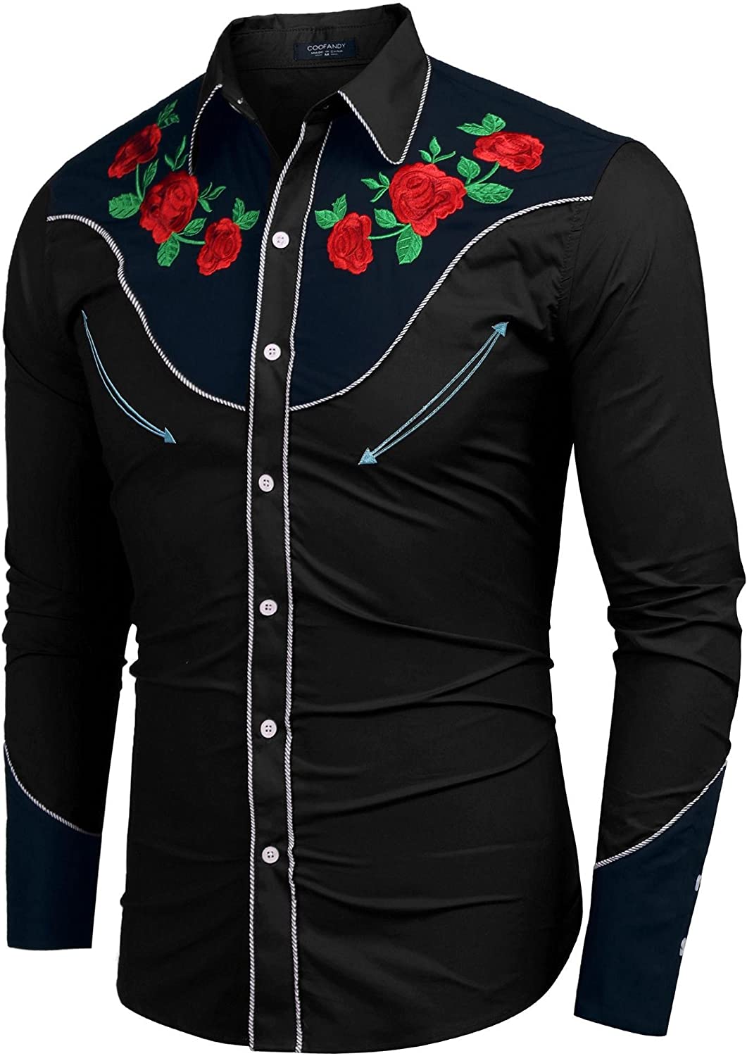 COOFANDY Men's Embroidered Rose Design Western Shirt Long Sleeve Button ...