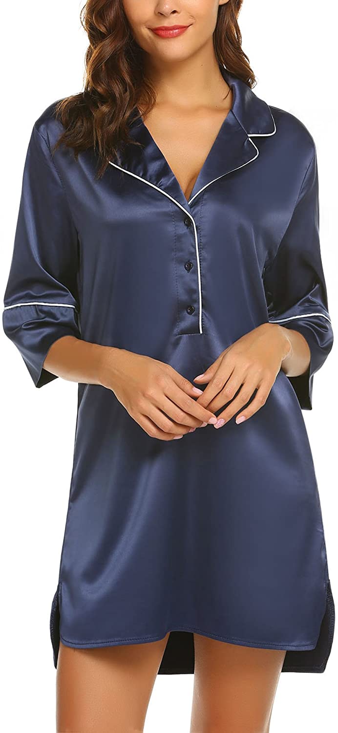 Ekouaer Womens Satin Sleep Shirt Long Sleeve Sleepwear Silk Nightshirt 