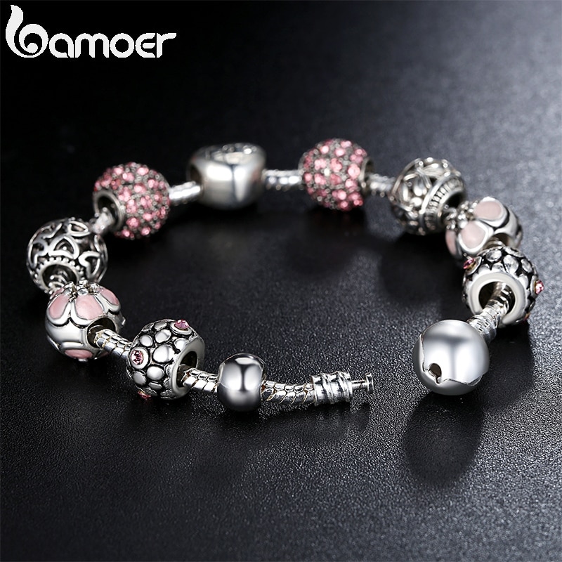 BAMOER Silver Plated Charm Bracelet & Bangle with Love and Flower Beads Women Wedding Jewelry 4 Colors 18CM 20CM 21CM PA1455-1