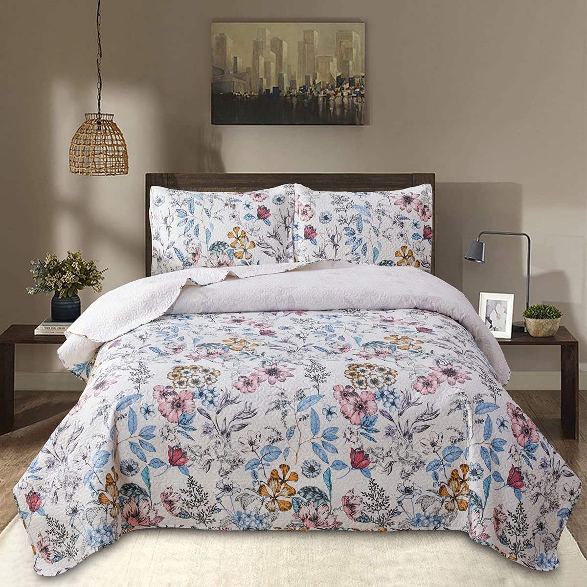 3 Piece Quilt Bedding Floral Quilt Set for King Bed Reversible