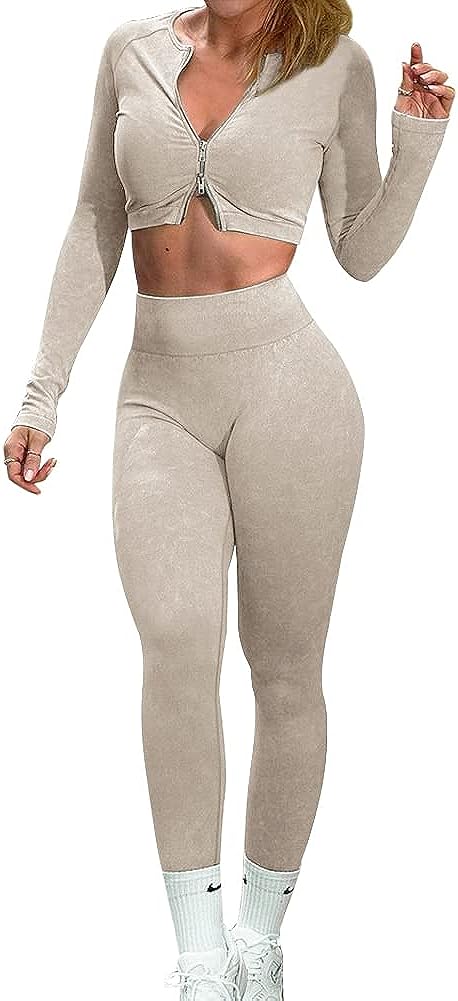 OLCHEE Womens Workout Sets 2 Piece - Seamless Acid Wash Yoga Outfits Shorts  and