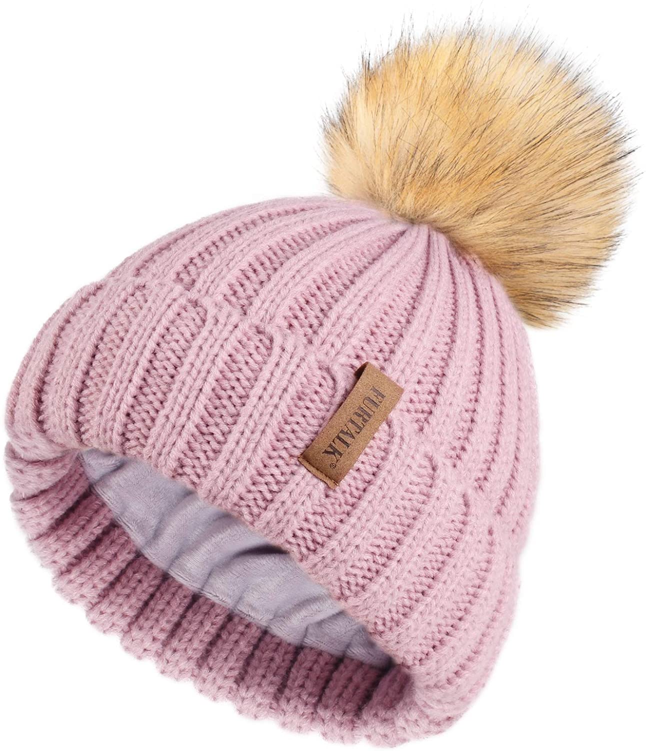 Furtalk Womens Winter Beanie Hat Satin Lined Faux Fur Pom Pom Beanies Hat for Women Winter Warm Knit Hats