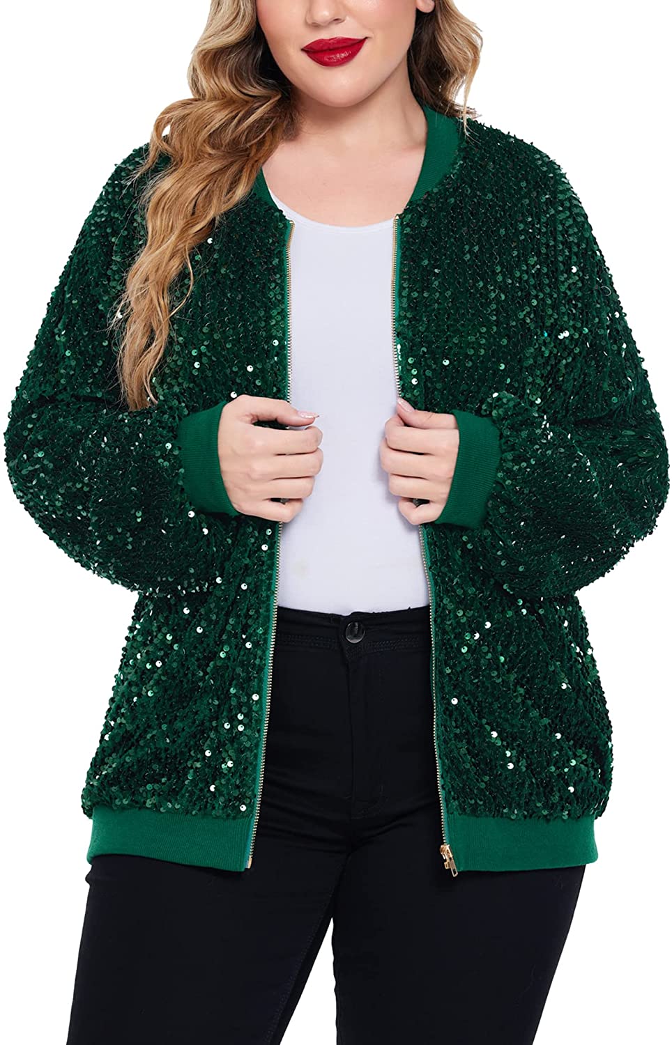 IN'VOLAND Womens Sequin Jacket Plus Size Sparkle Long Sleeve Jackets Front Zip Loose Casual Blazer Bomber Jacket with Pockets