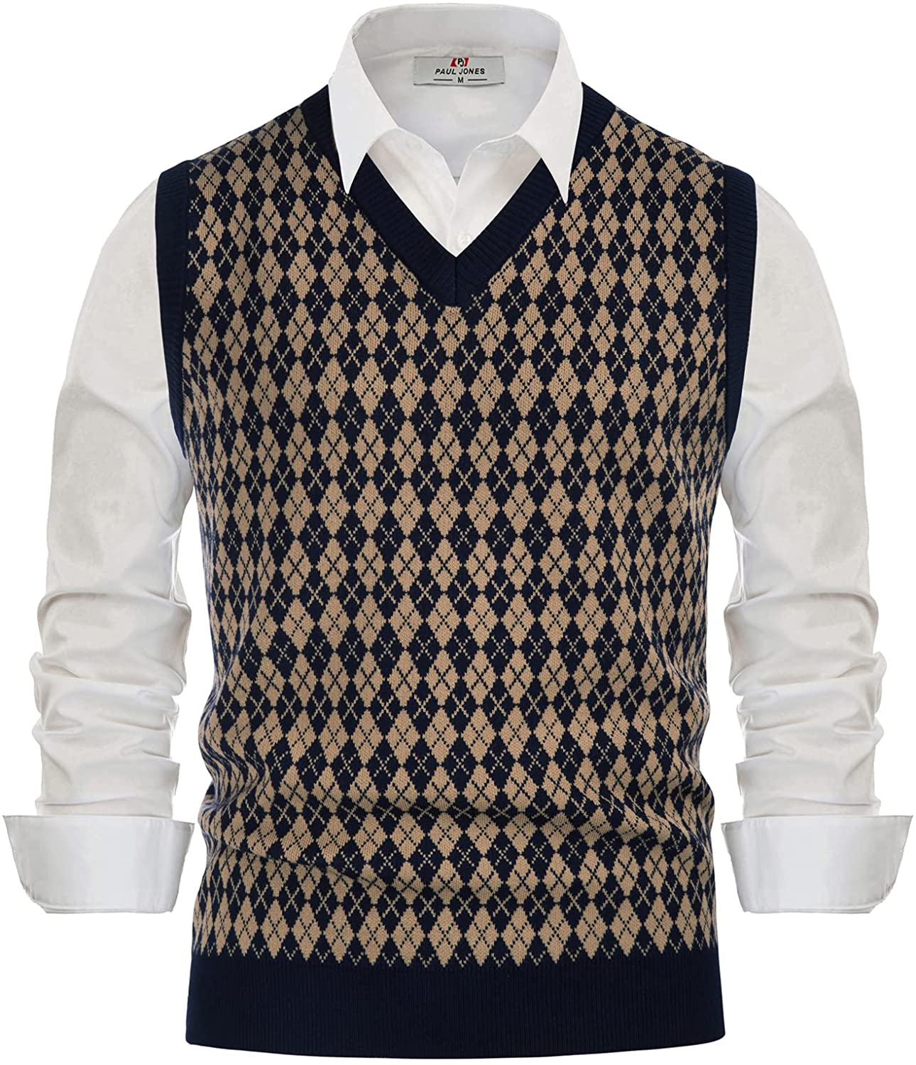PJ PAUL JONES Mens Casual Argyle Sweater Vest V-Neck Sleeveless Pullover Knitwear Vests 