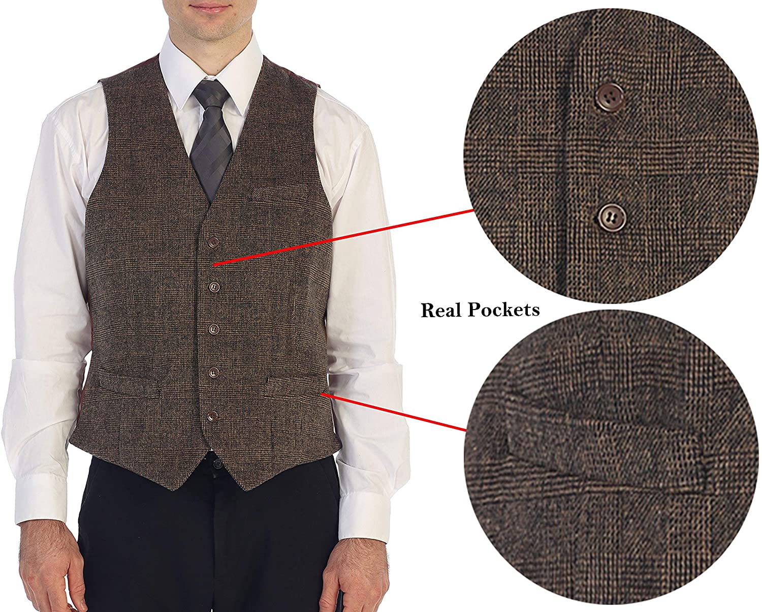 Gioberti Mens 5 Button Slim Fit Formal Herringbone Tweed Suit Vest 