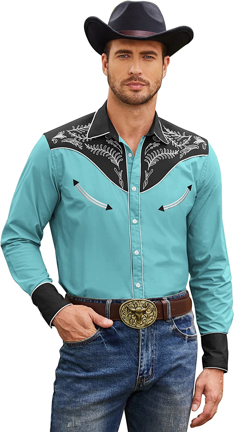 COOFANDY Men's Western Cowboy Embroidered Long Sleeve Button Down Shirt