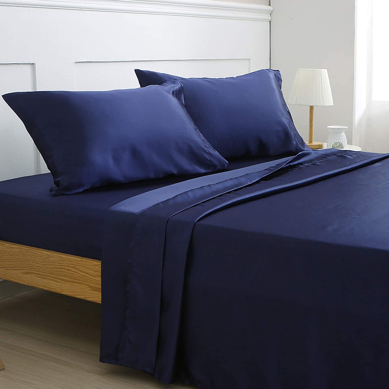 Blue Silky Soft Embroidered Satin Bed Sheet Set King or Queen 
