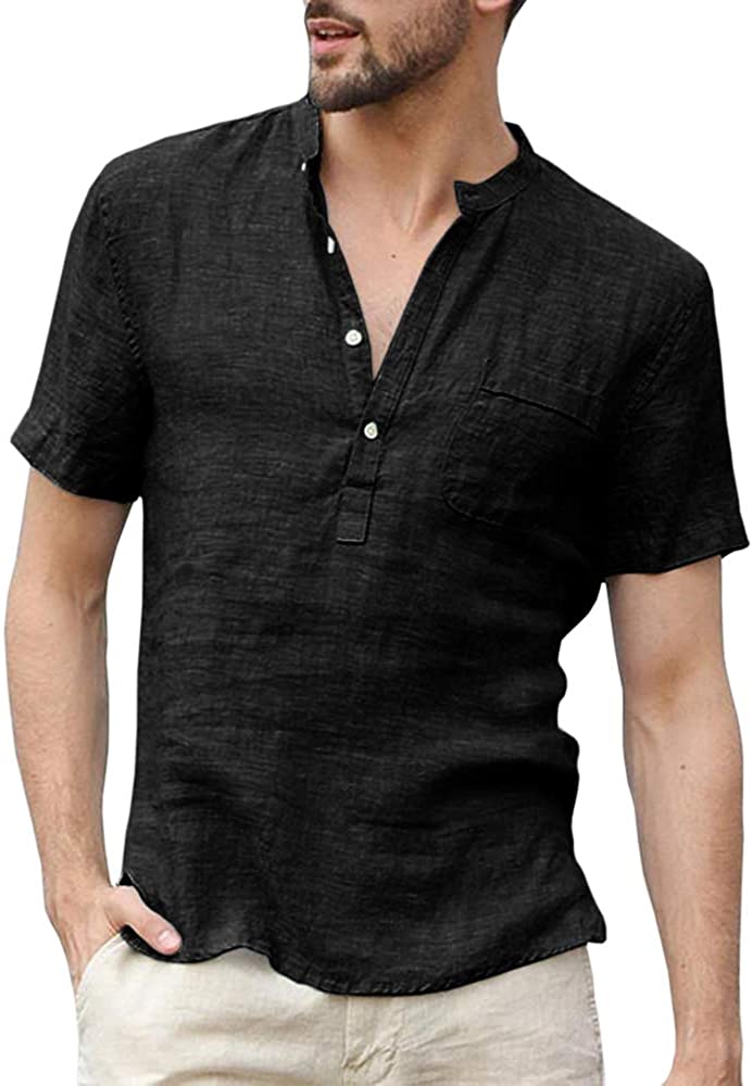 Enjoybuy Mens Linen Henley Shirts Short Sleeve Casual Summer T Shirt ...