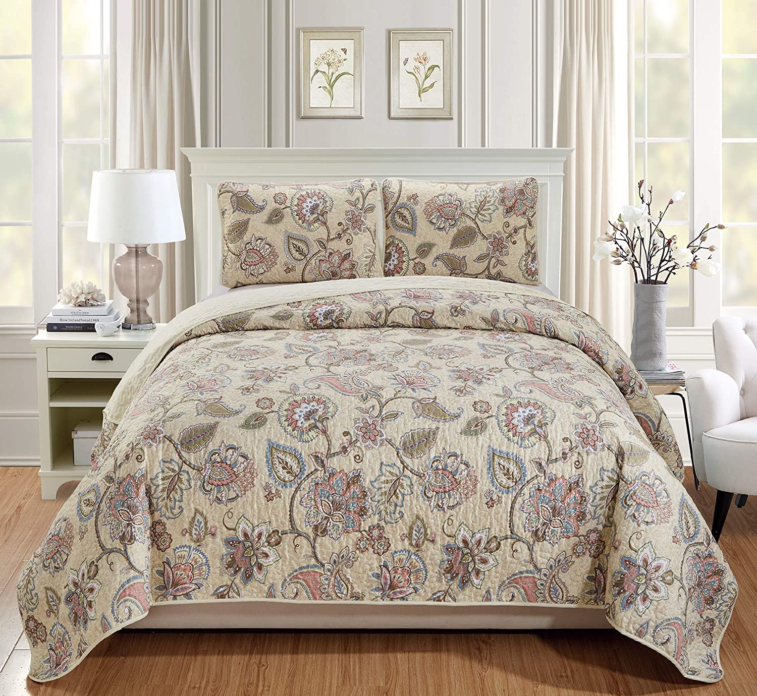 2pc Twin/Twin XL Bedspread Quilt Set Floral Beige Pink Blue Taupe Green  Flowers