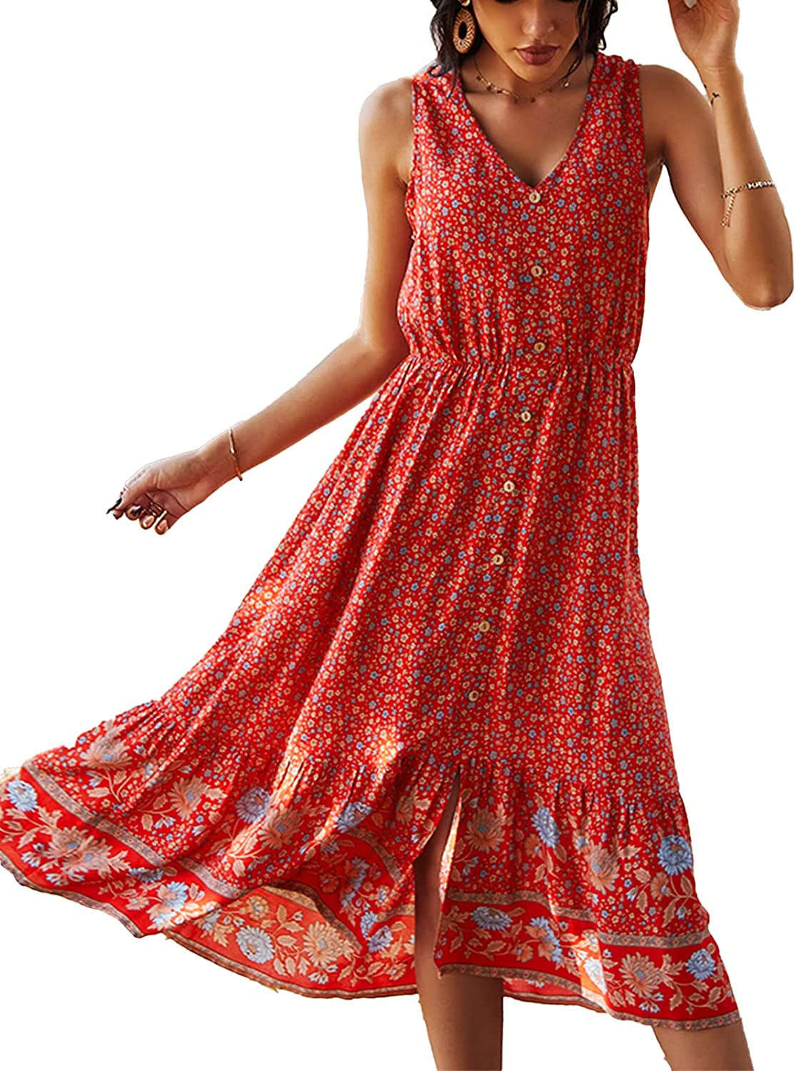 Buy TEMOFON Women Dress Summer Sleeveless Floral Bohemian V Neck Button  Down Flowy Dresses Red S at