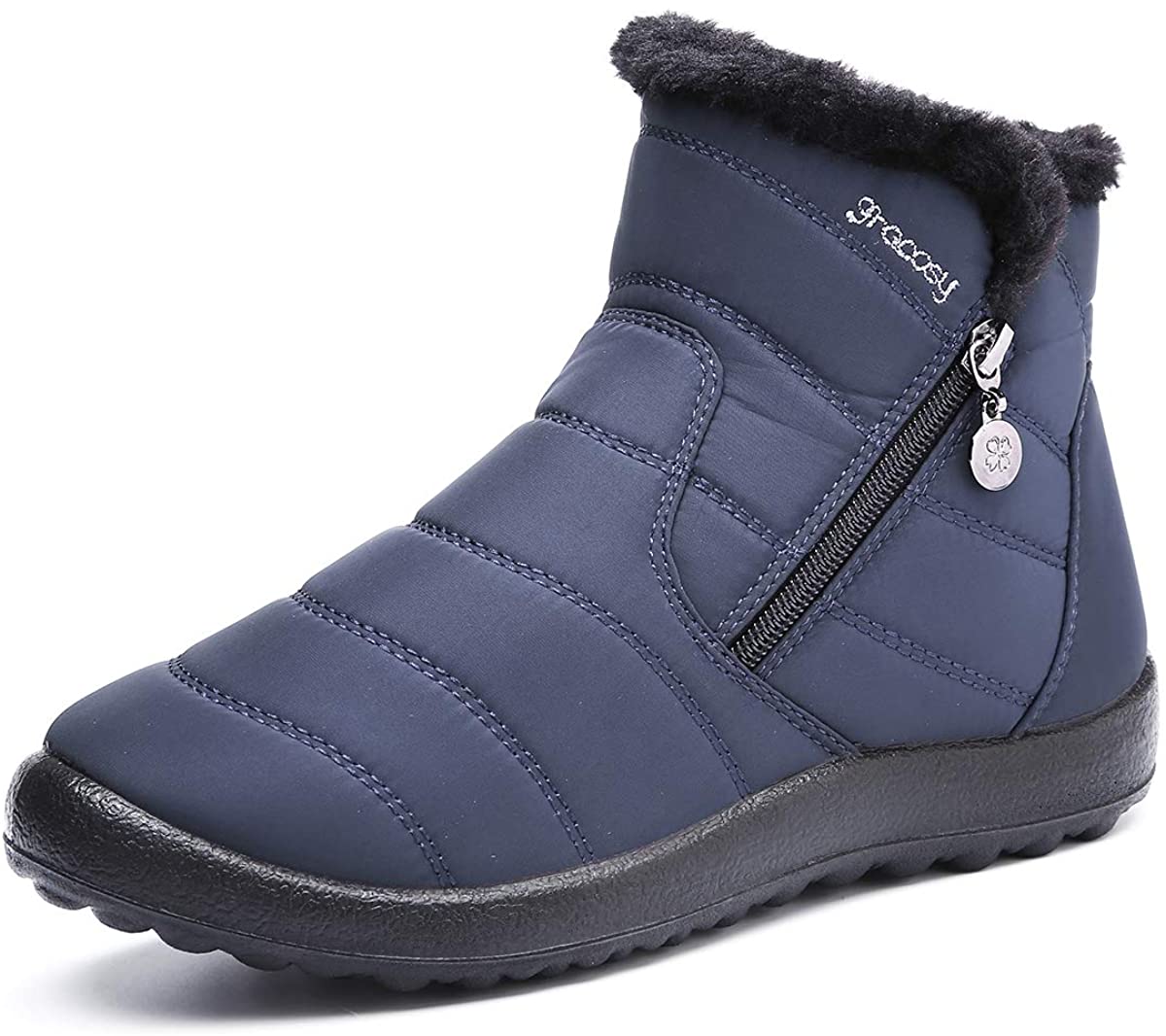 Women Winter Waterproof  Flats Antiskid Fleece Lined Warm Ankle Snow Boots Shoes 