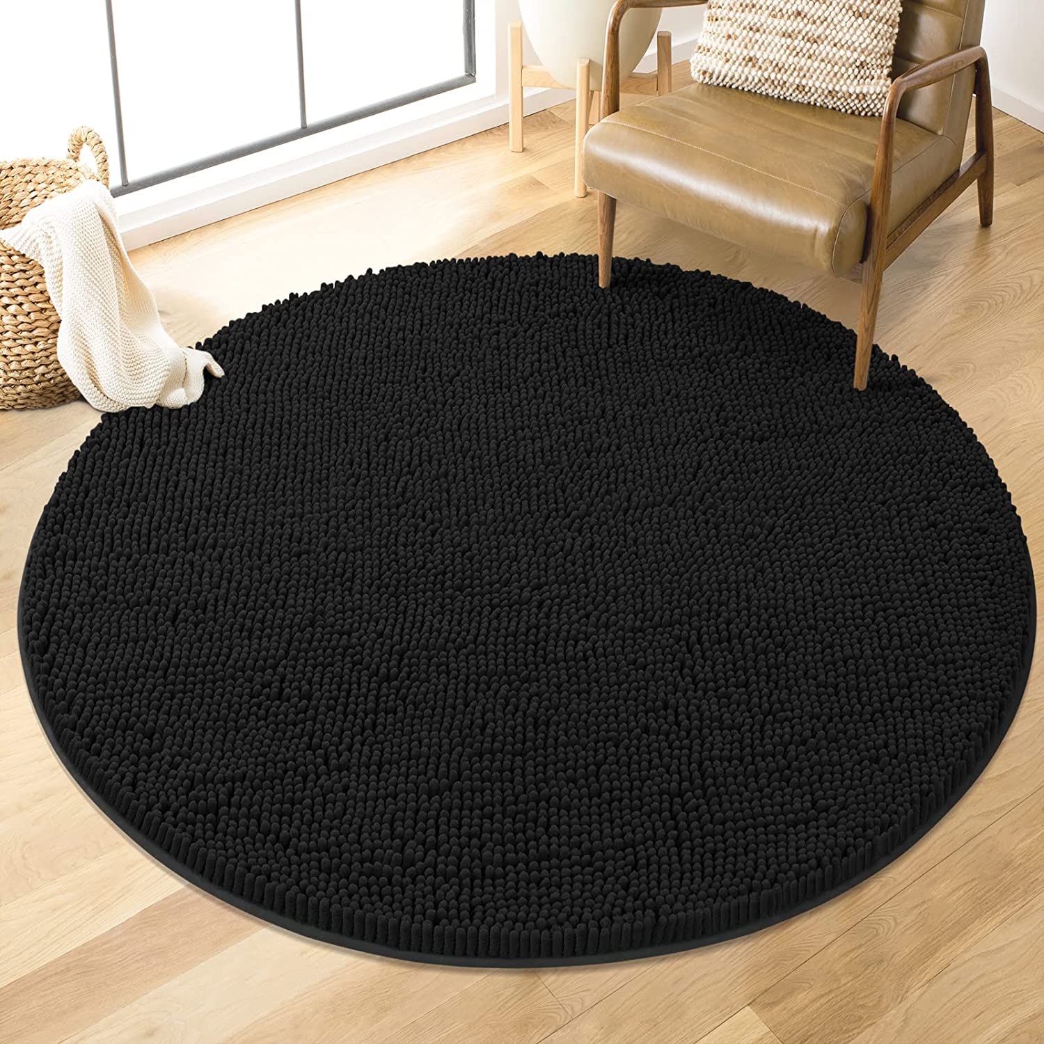 MAYSHINE Round Bath Mat Non-Slip Chenille 3 Feet 35.4 Inches, Spa Blue