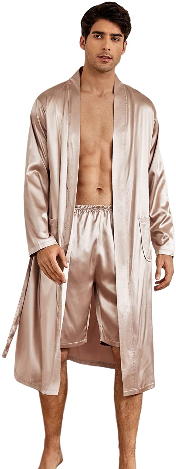 SOLY HUX Men's Silk Bathrobes Long Sleeve Satin Kimono Robe with Shorts  Sleepwea