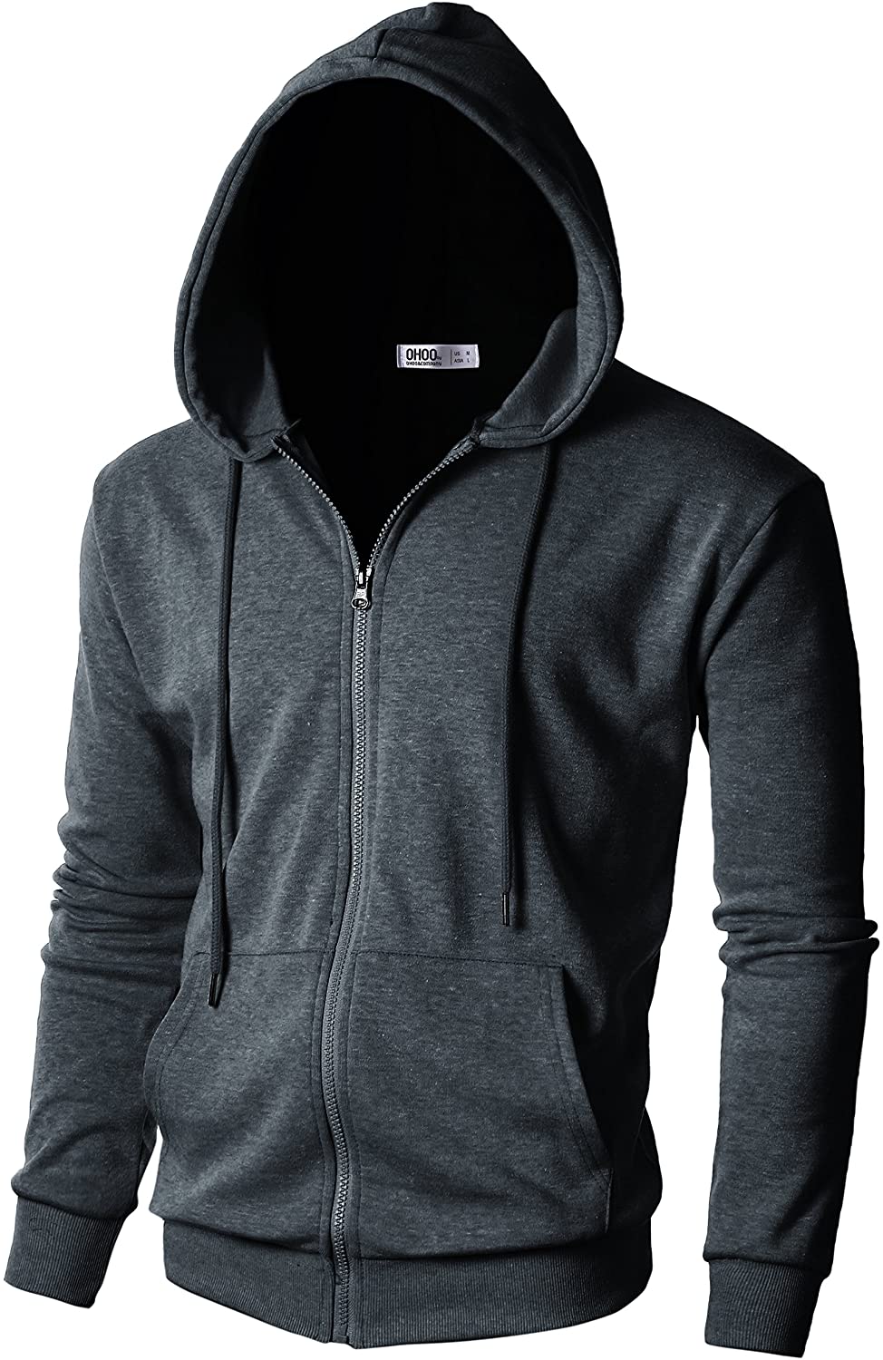 OHOO Mens Slim Fit Long Sleeve Lightweight Zip-up Hoodie with Kanga Pocket