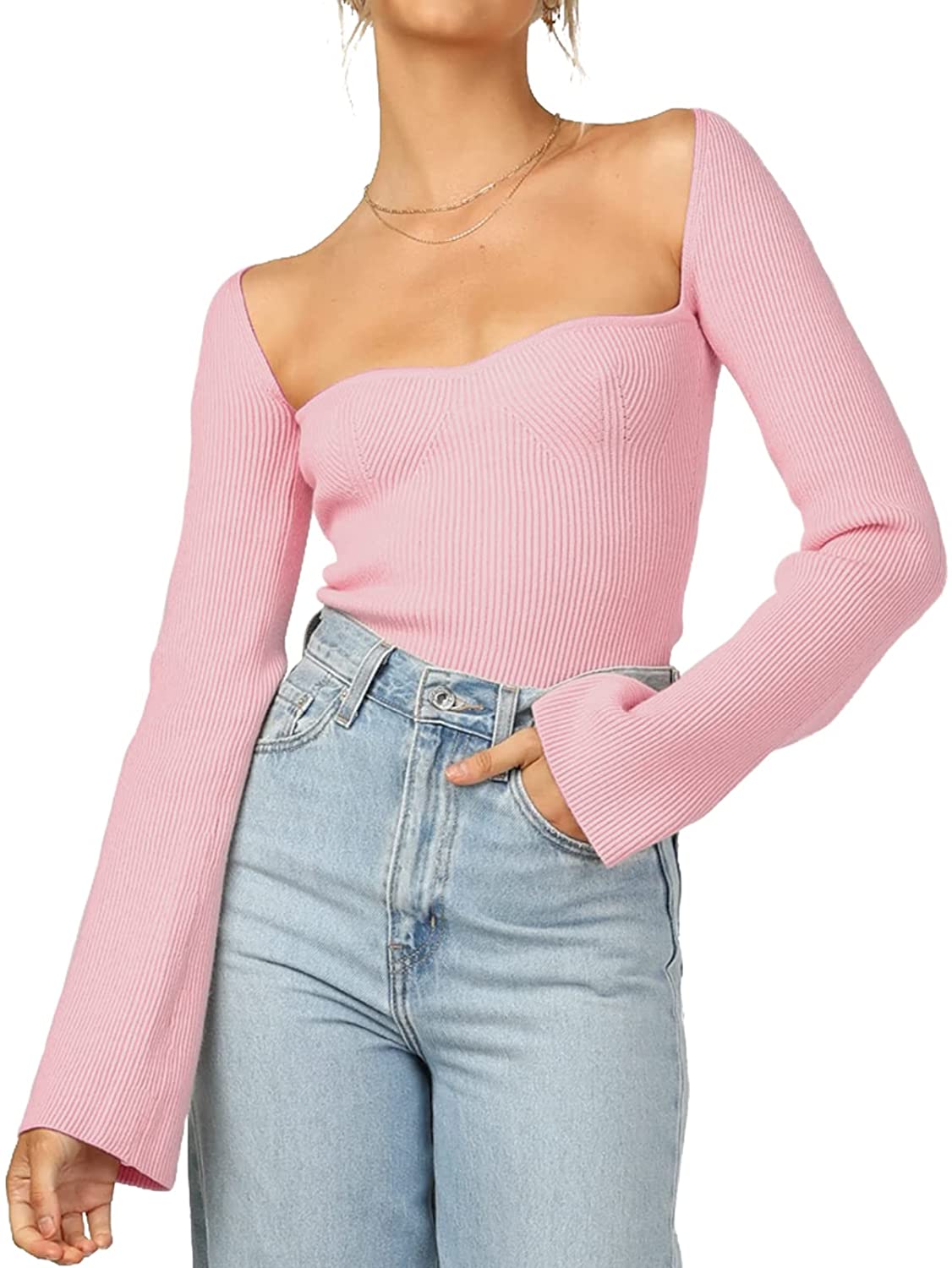 Effeltch Womens Sweater Tops Sweetheart Neck Ribbed Bustier Corset Knit  Long Sleeve Pullover Sweater Top : : Clothing, Shoes & Accessories