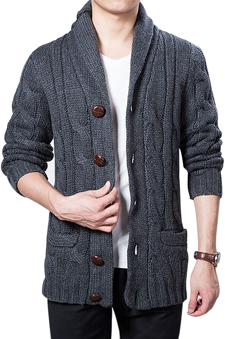 Yeokou Men's Casual Slim Thick Knitted Shawl Collar Cardigan Sweaters ...