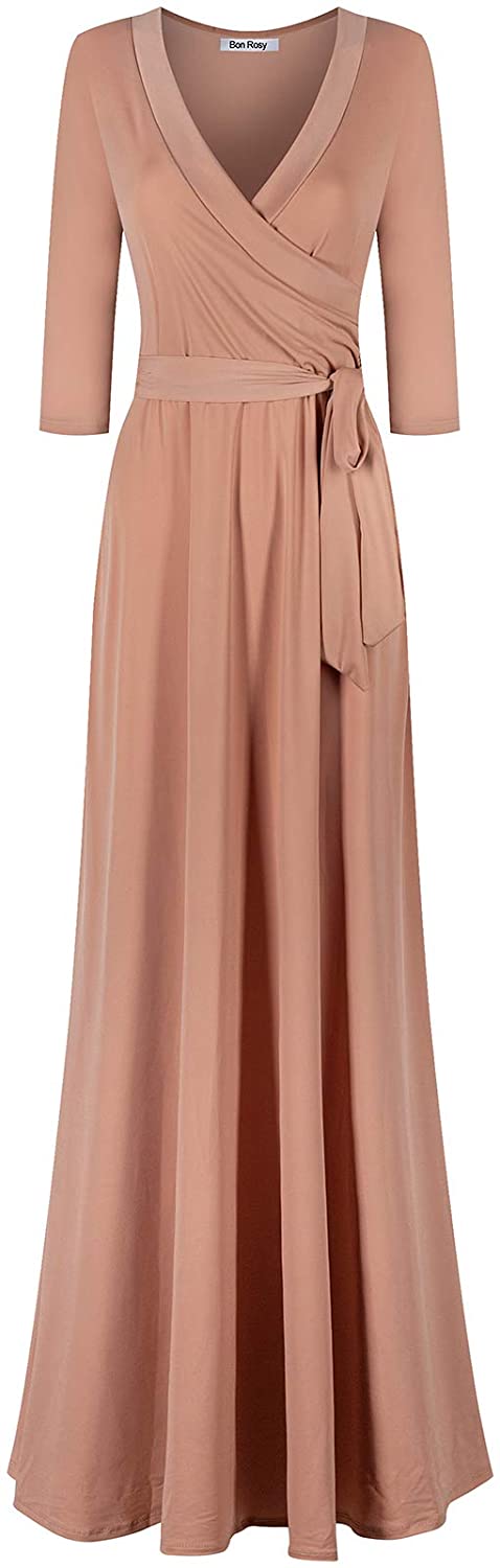 Bon Rosy Womens #MadeInUSA 3/4 Sleeve V-Neck Solid Maxi Wrap Dress Plus 