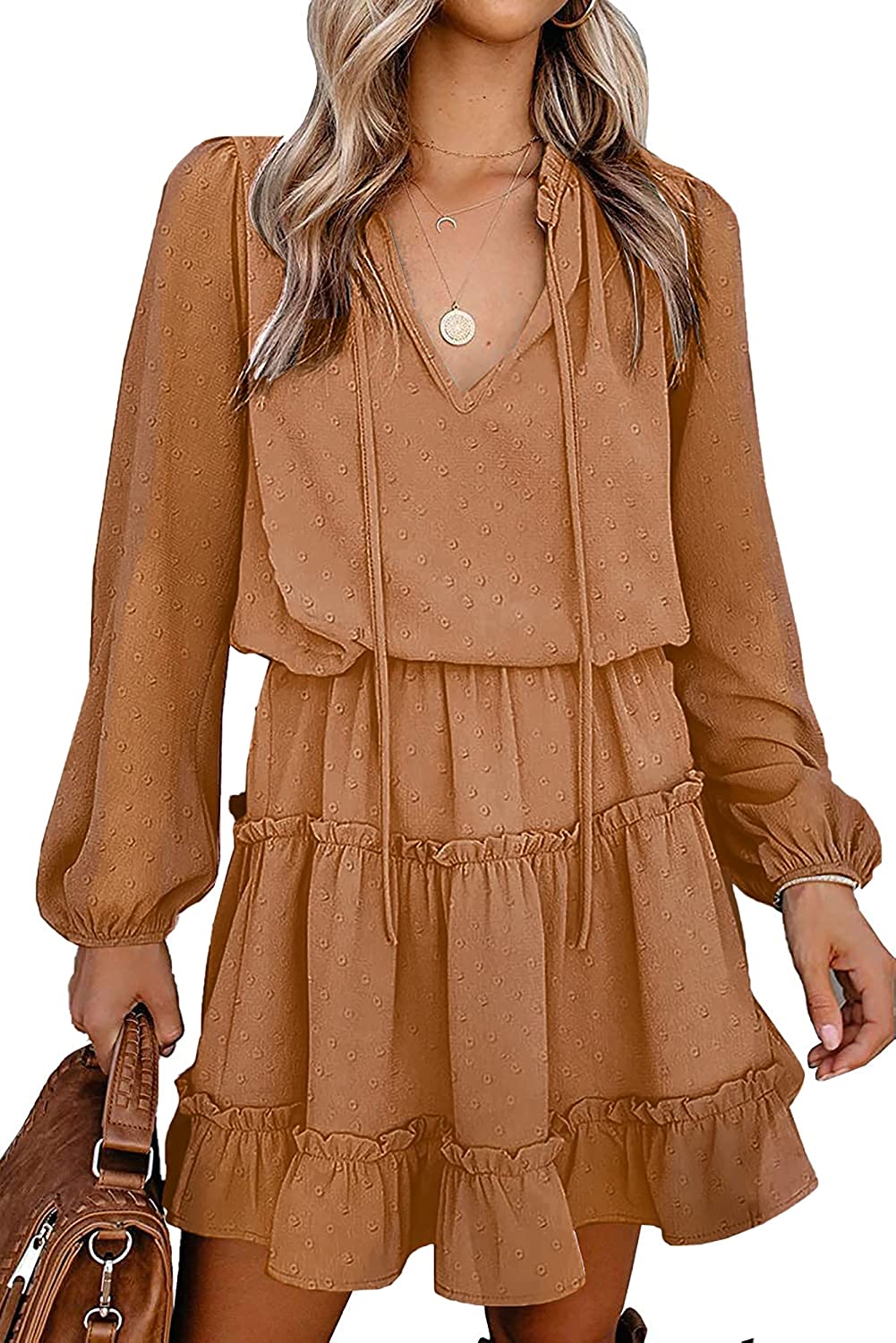 BTFBM Women Casual Spring Summer Dresses Tie V Neck Long Sleeve High Waist  Ruffle Tiered A Line Swing Tunic Mini Dress(Dot Apricot, Small) at  Women's  Clothing store