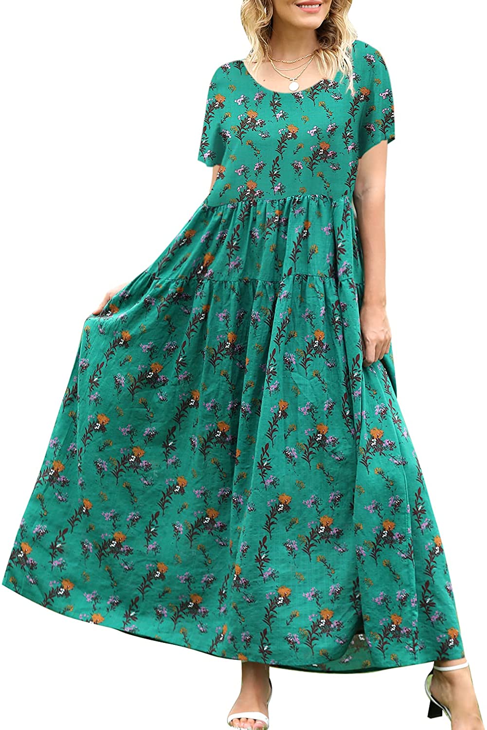 Beaurex Womens Casual Summer Maxi Dresses Loose Floral Bohemia Long Swing Dress Cotton Short Sleeve with Pockets DR6076 