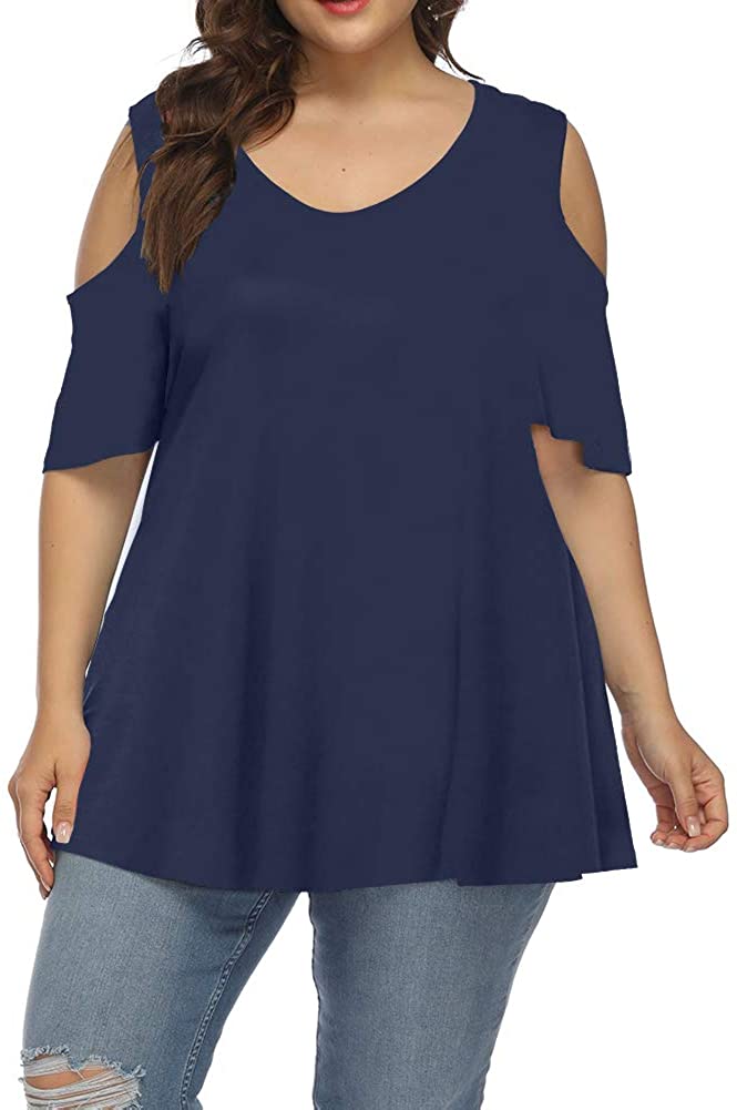 ALLEGRACE Women's Plus Size Summer Cold Shoulder Tunic Top Short Sleeve ...